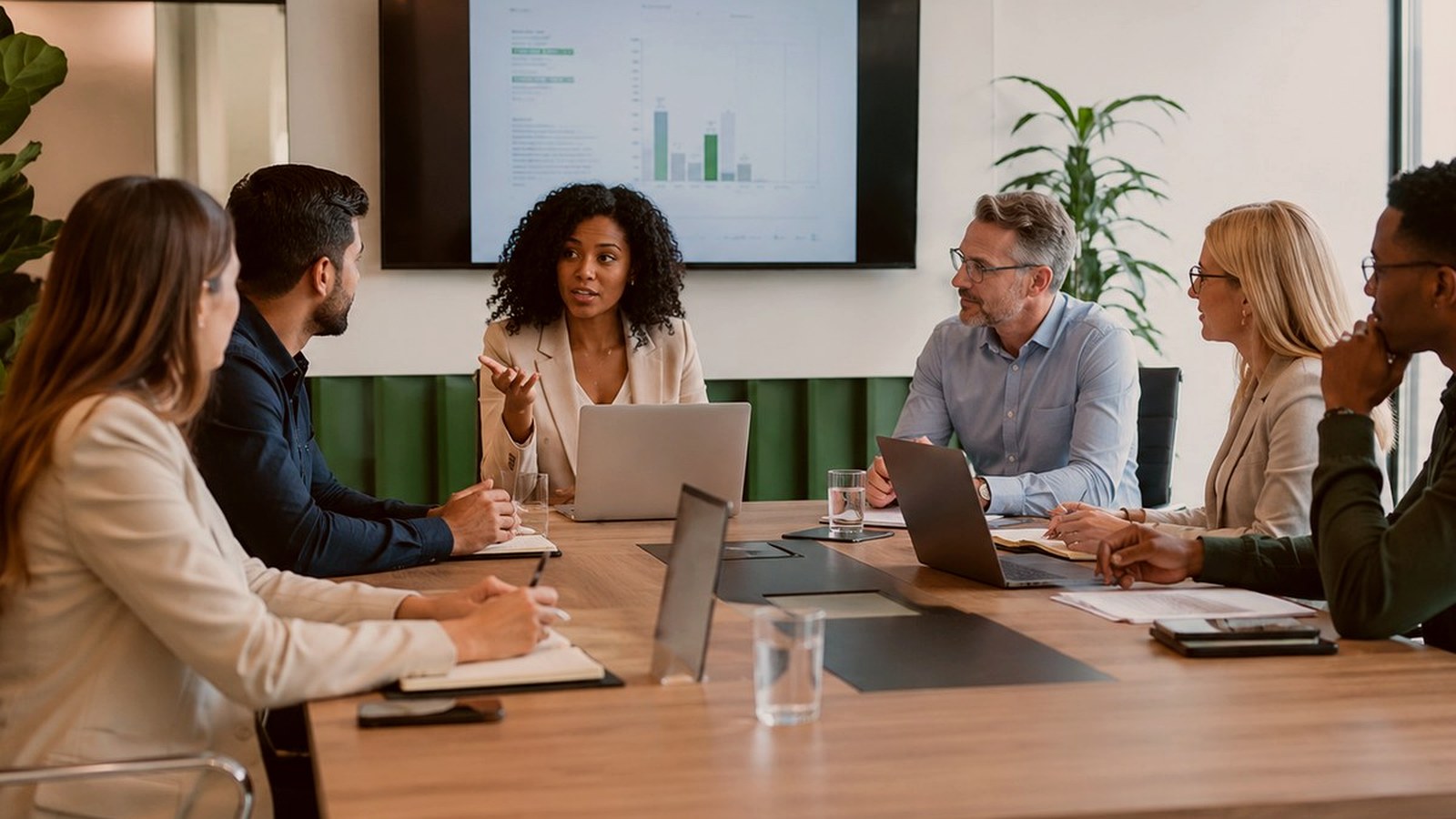 People in meeting room reviewing space details